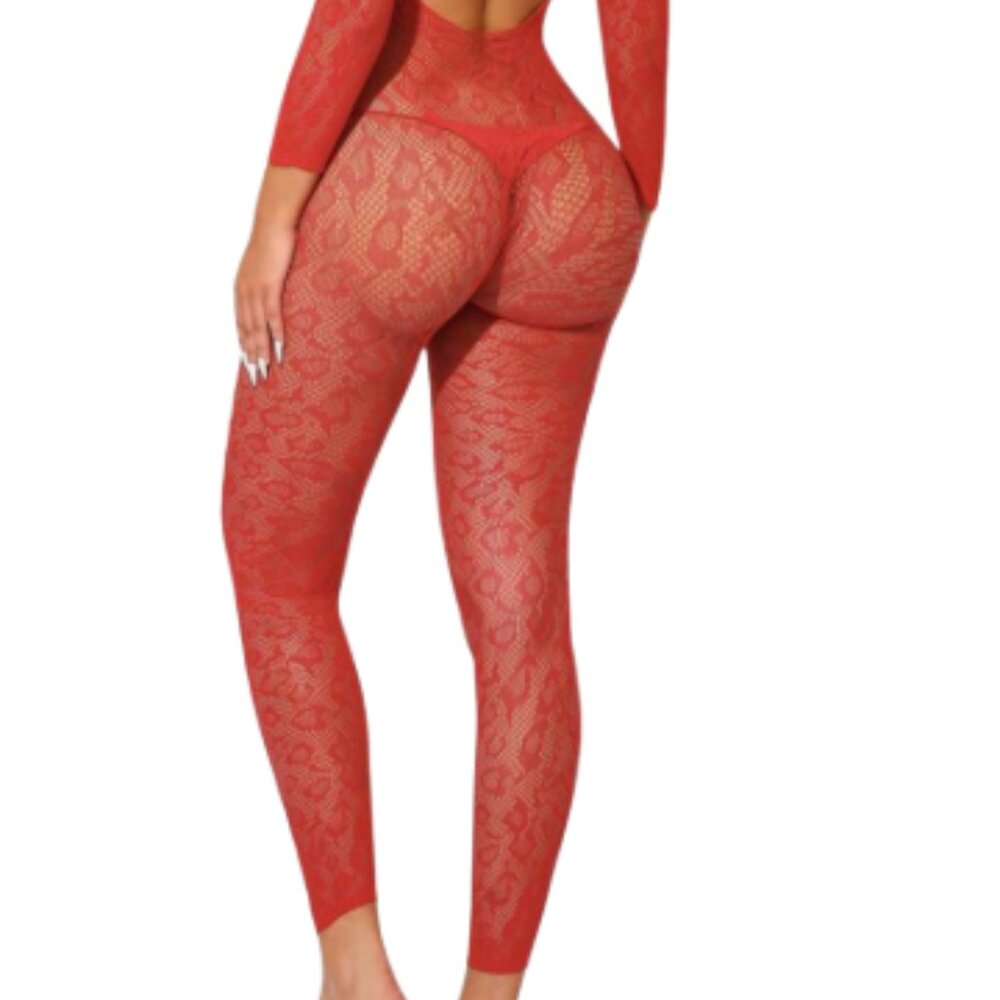 Elegant Red Sheer Lace Full Body Bodysuit with Open Back - Picture 2 of 5